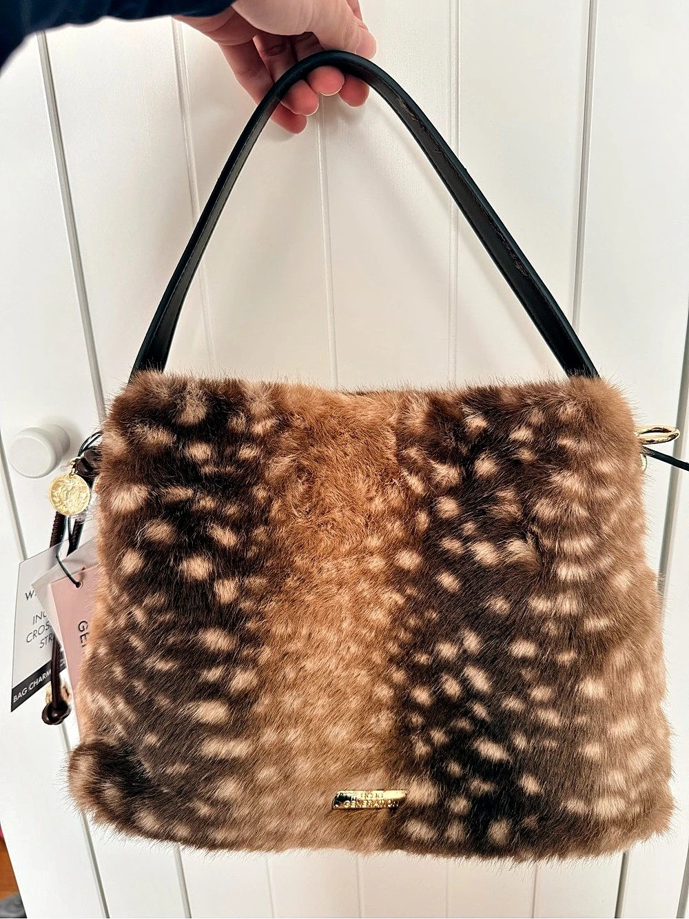 BCBGeneration Faux Fur Shoulder Bag in Brown & Black spotted print